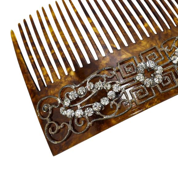 Vintage Art Deco Faux Tortoise Acetate Hair Comb Applied Filigree & Rhinestones - Picture 3 of 10
